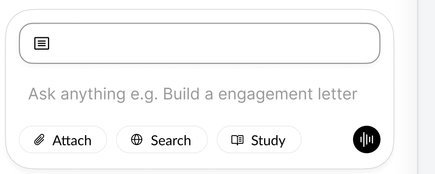The drafting prompt inside the product: an empty field reading ask anything, for example build an engagement letter, with attach, search and study beneath it.