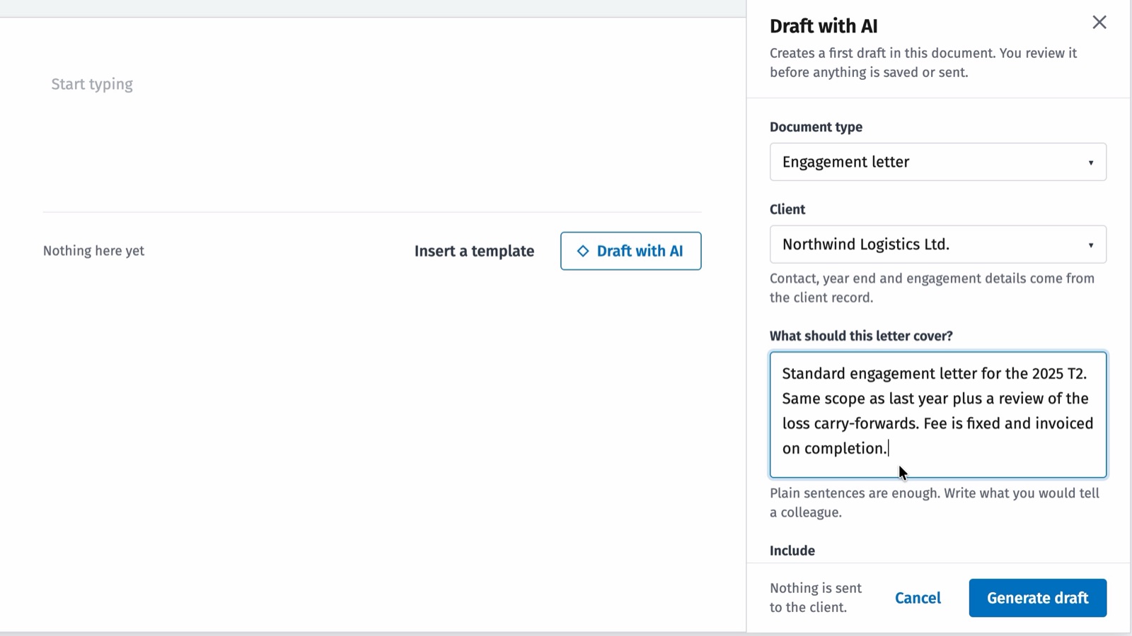 Draft with AI inside the product: document type, client, the instruction the user writes, and the review step before anything is saved.
