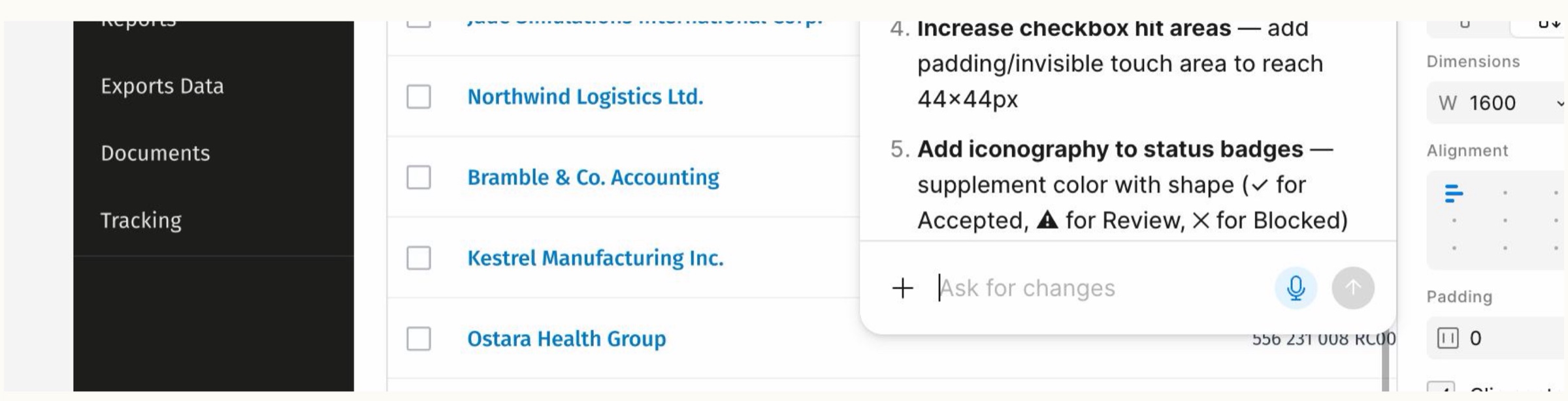 A detail of the handoff workflow: an assistant panel open over the returns list proposing changes to the screen, beside the inspector showing width, alignment and padding.