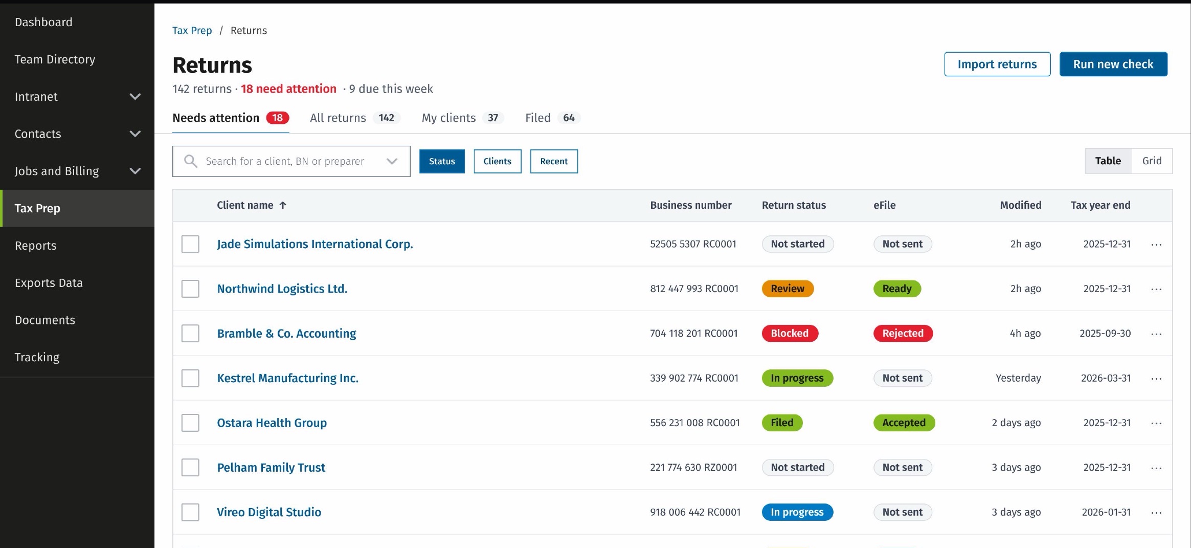 The same product with the work already in front of the user: the returns list populated, each row carrying its status, its filing state and when it was last touched.