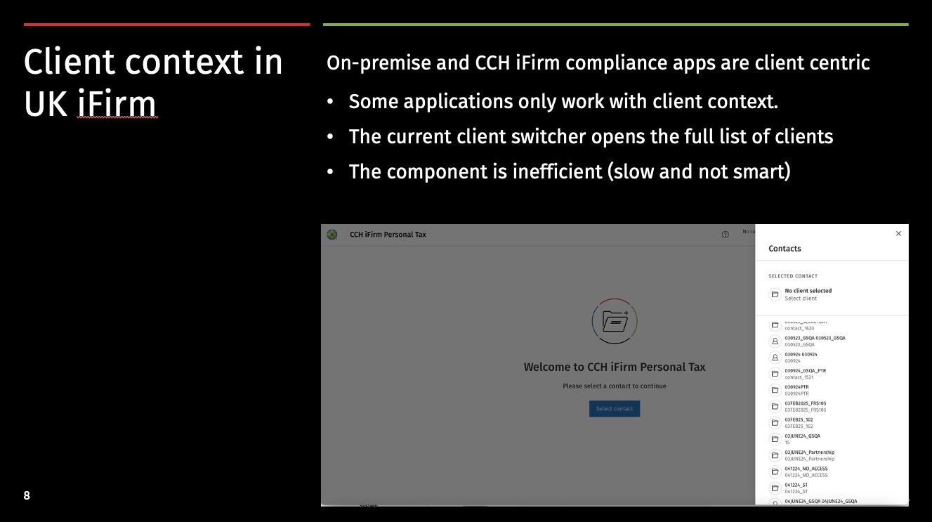 CCH iFirm Personal Tax opening with no client selected: the workspace is greyed out behind a panel that says no client selected, and a contact list waiting to be searched.
