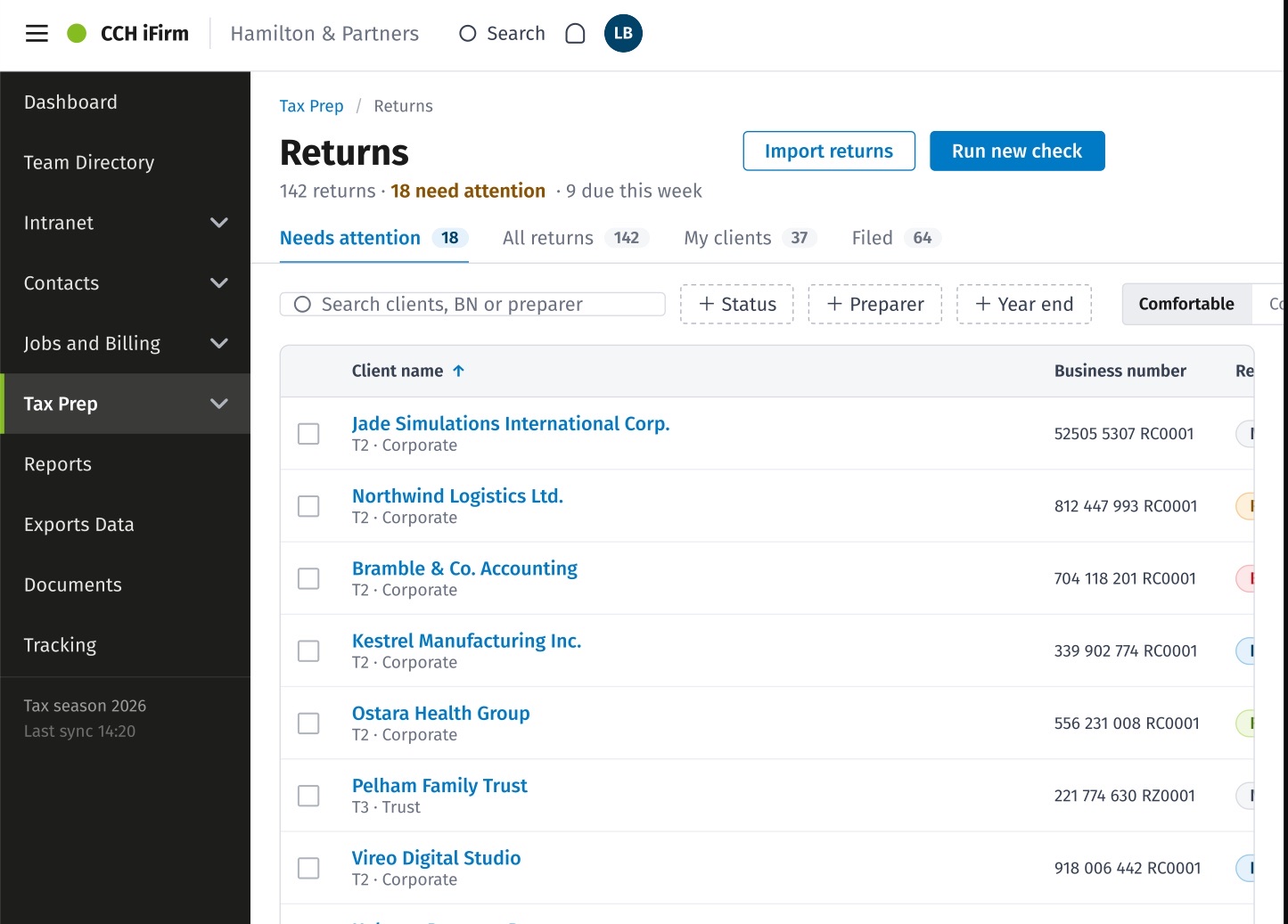 The returns list inside CCH iFirm with the firm and the active client carried in the header, and every return listed with its status.