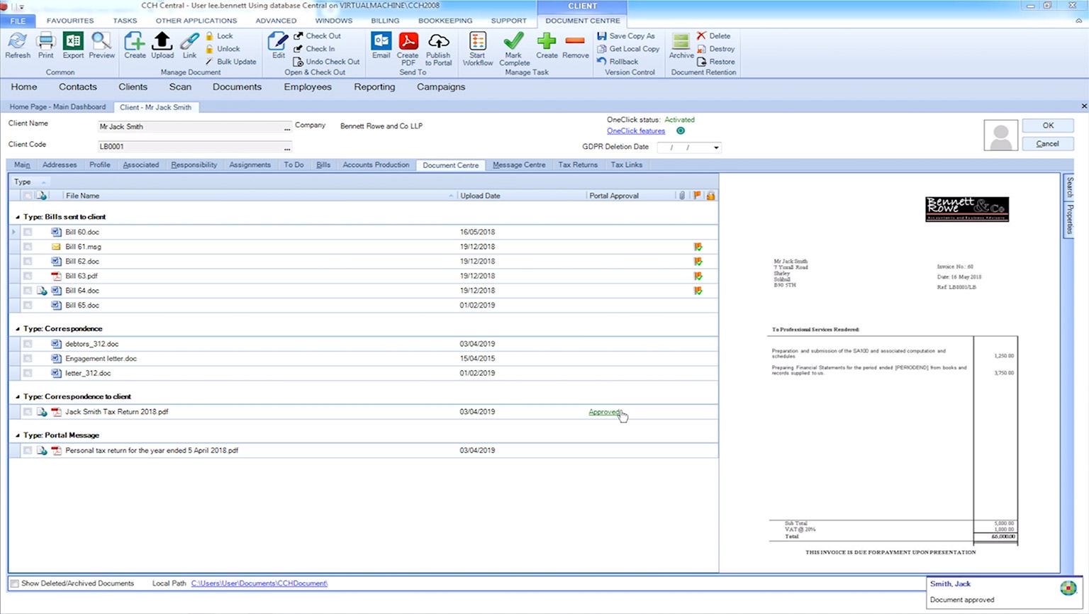 The on-premise product: a Windows desktop application with a document list, ribbon toolbar and a tax return open in a preview pane.