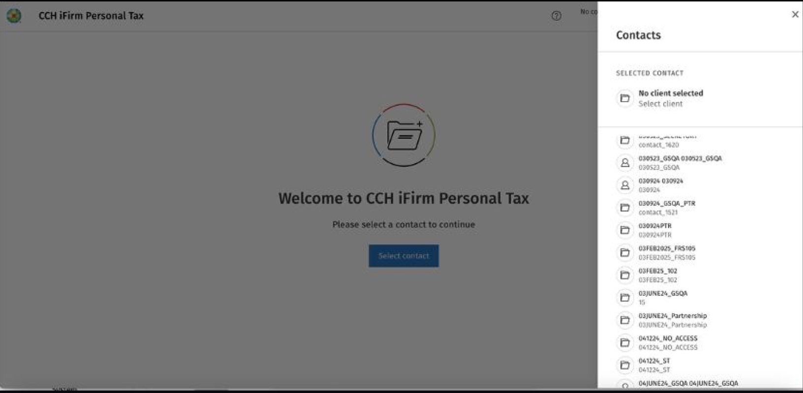 The on-premise client list: a long alphabetical roster of every client in the firm, opened in full whenever the user needs to switch.