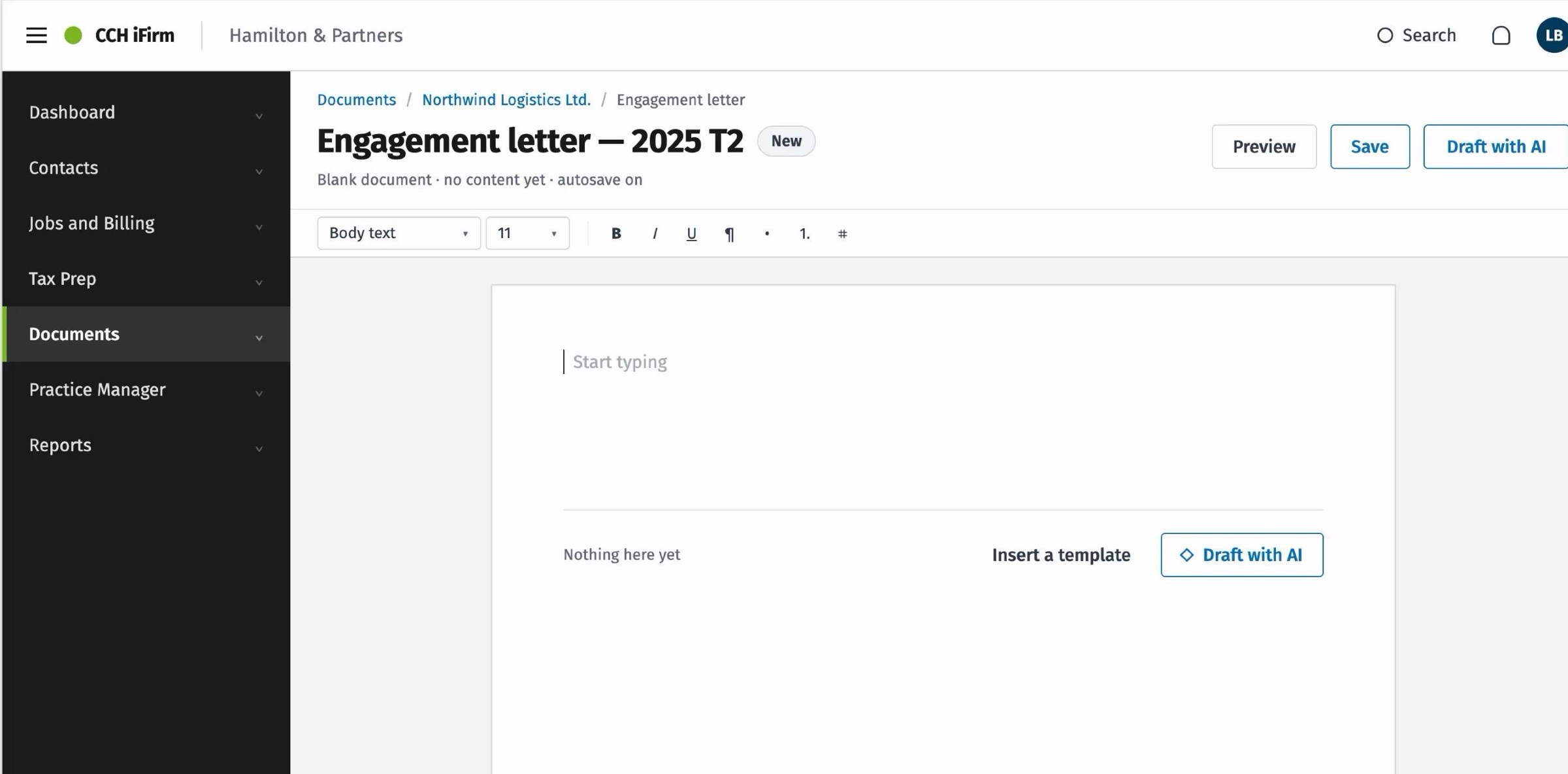 A new engagement letter open in CCH iFirm with nothing in it: a blank document, an empty editor, and the words nothing here yet above the choice between inserting a template and drafting with AI.