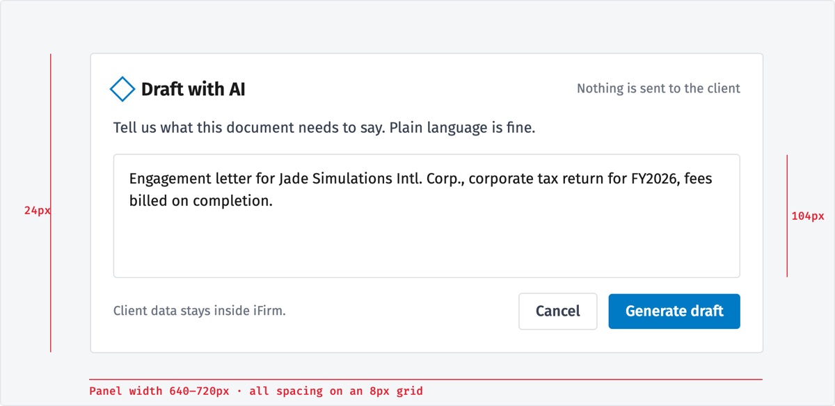 The instruction panel with its redlines: 24 pixel padding, a 104 pixel input, a panel between 640 and 720 wide, all spacing on an eight pixel grid, and a line stating that nothing is sent to the client.