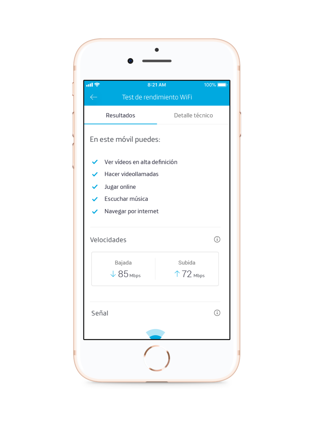 The results screen on a phone: a plain-language list of what the connection can support, followed by the measured download and upload speeds and a signal section.