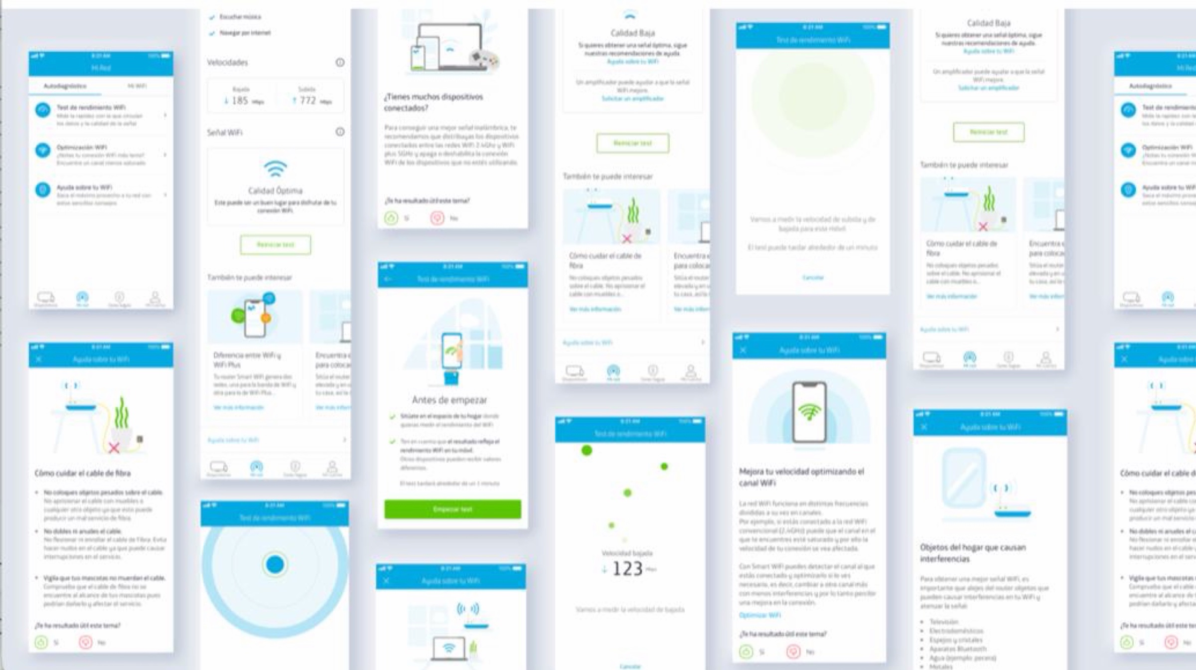 The shipped Selfcare screens laid out together: the autodiagnostic menu, the speed test running, download and upload results, the quality verdict with its recommendation, and the illustrated help articles on cable care, interference and device load.