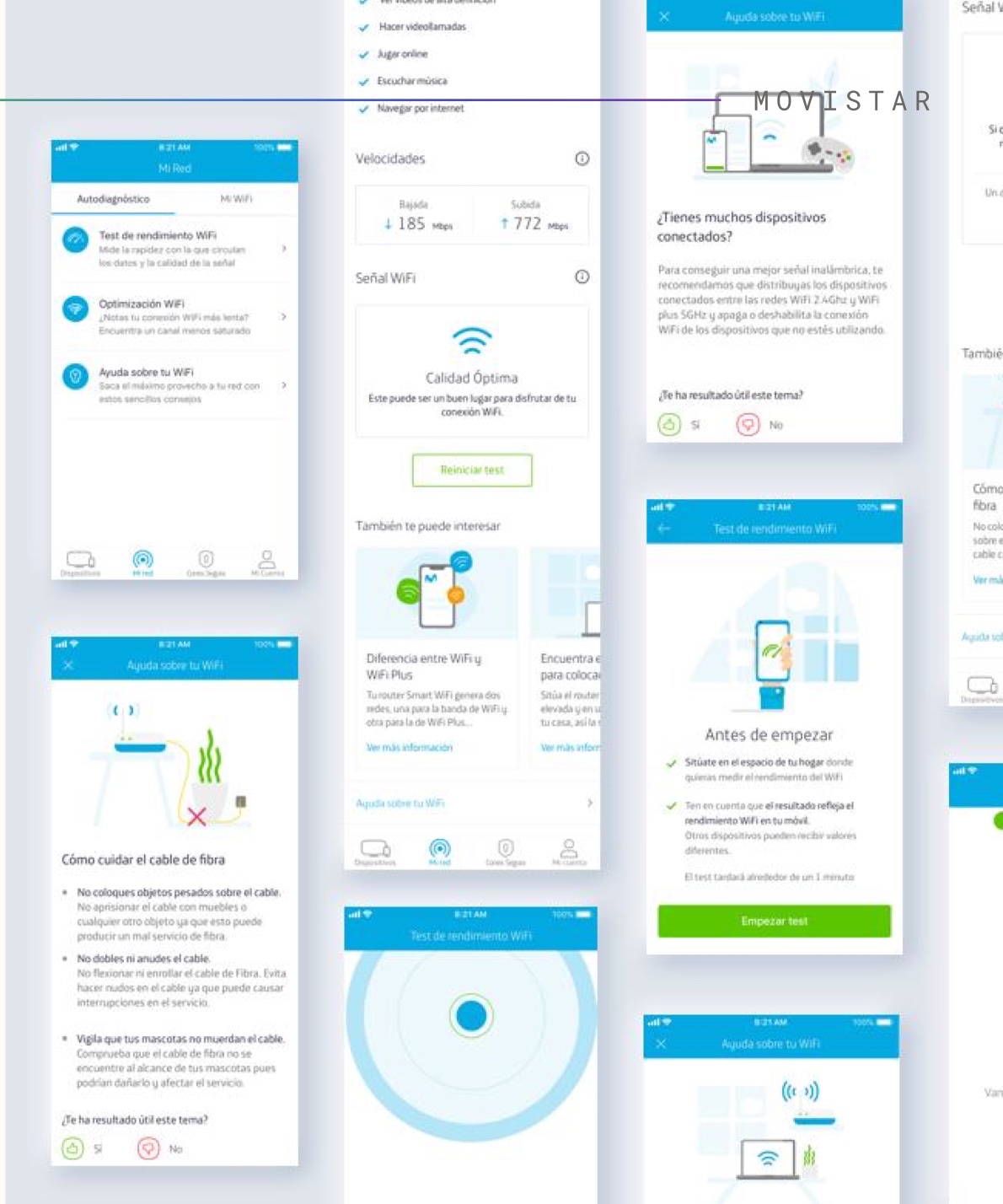 The Selfcare screens stacked together: the autodiagnostic menu, the speed test with its download and upload figures, the quality verdict, and the illustrated help topics on cable care and device load.