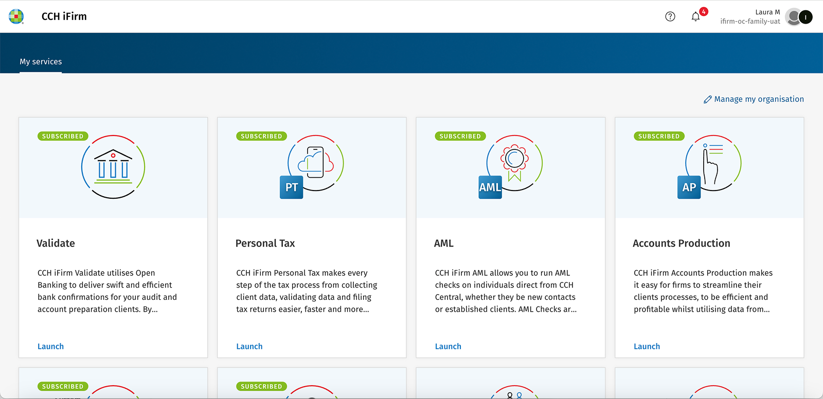 The CCH iFirm services panel: each product a firm subscribes to shown as a card with a short description and a launch action.
