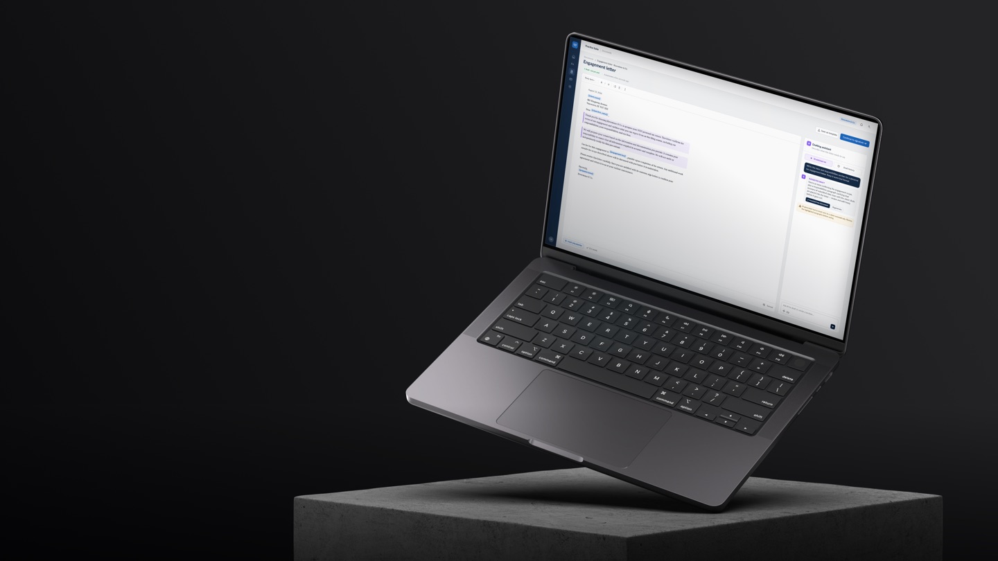 The drafting assistant open on a laptop against a dark ground: an engagement letter with the AI-written paragraphs highlighted, marked as a draft not yet sent, beside the instruction panel.