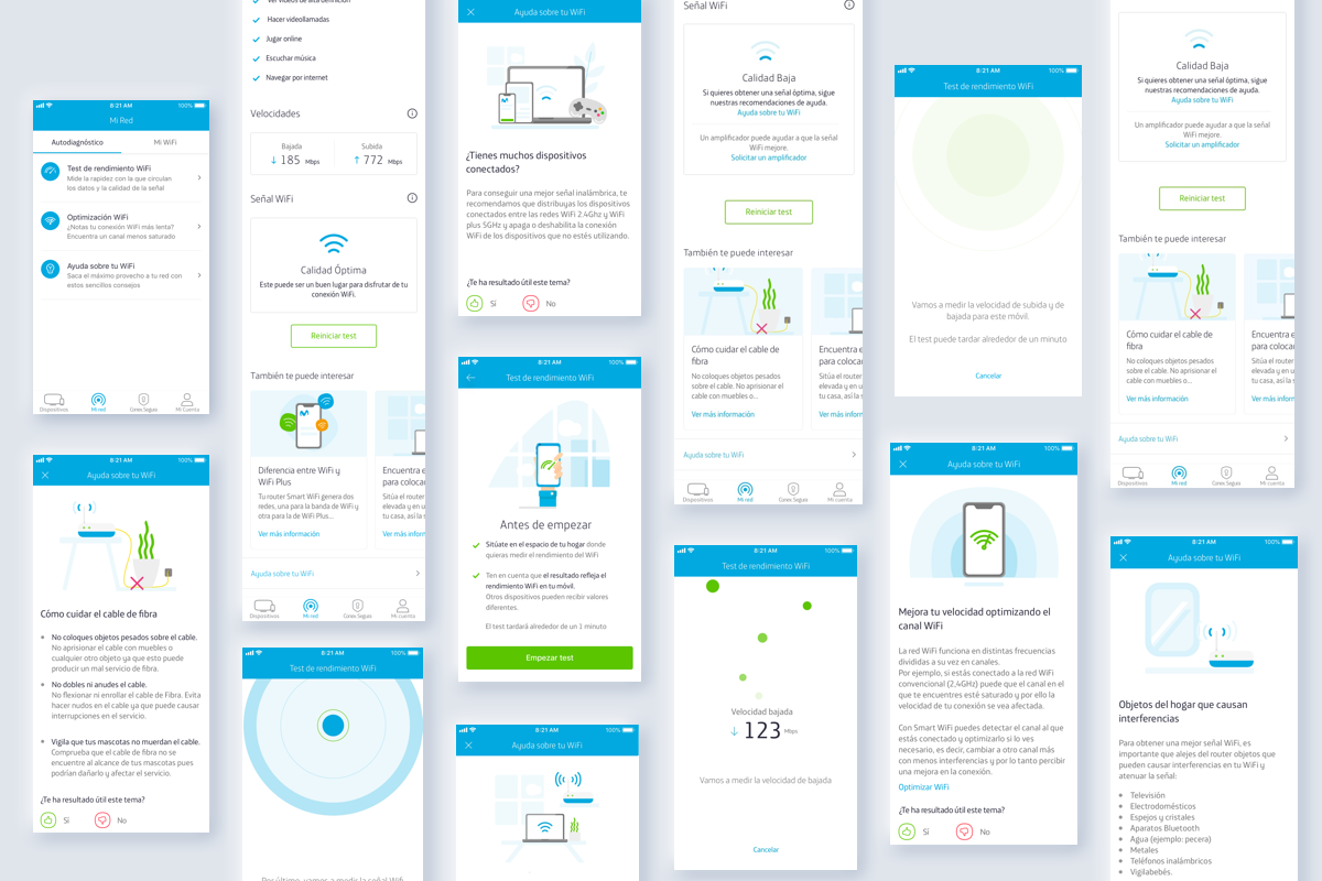 The Smart WiFi self-diagnosis flow: the app screens laid out as a grid, from the autodiagnostic entry point through the speed test to the help and interference advice.