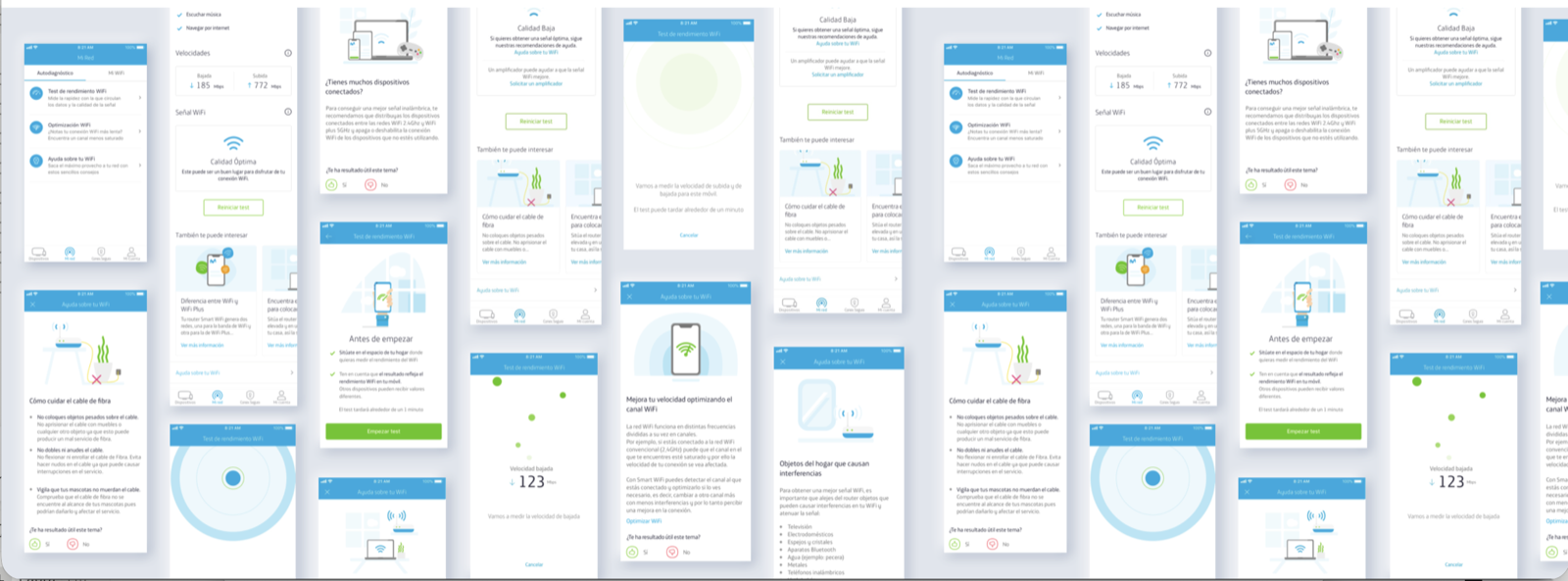 Screens from the Movistar Smart WiFi self-diagnosis flow: the diagnostics menu, the performance test running, speed and signal-quality results, and illustrated help content on improving the connection at home.